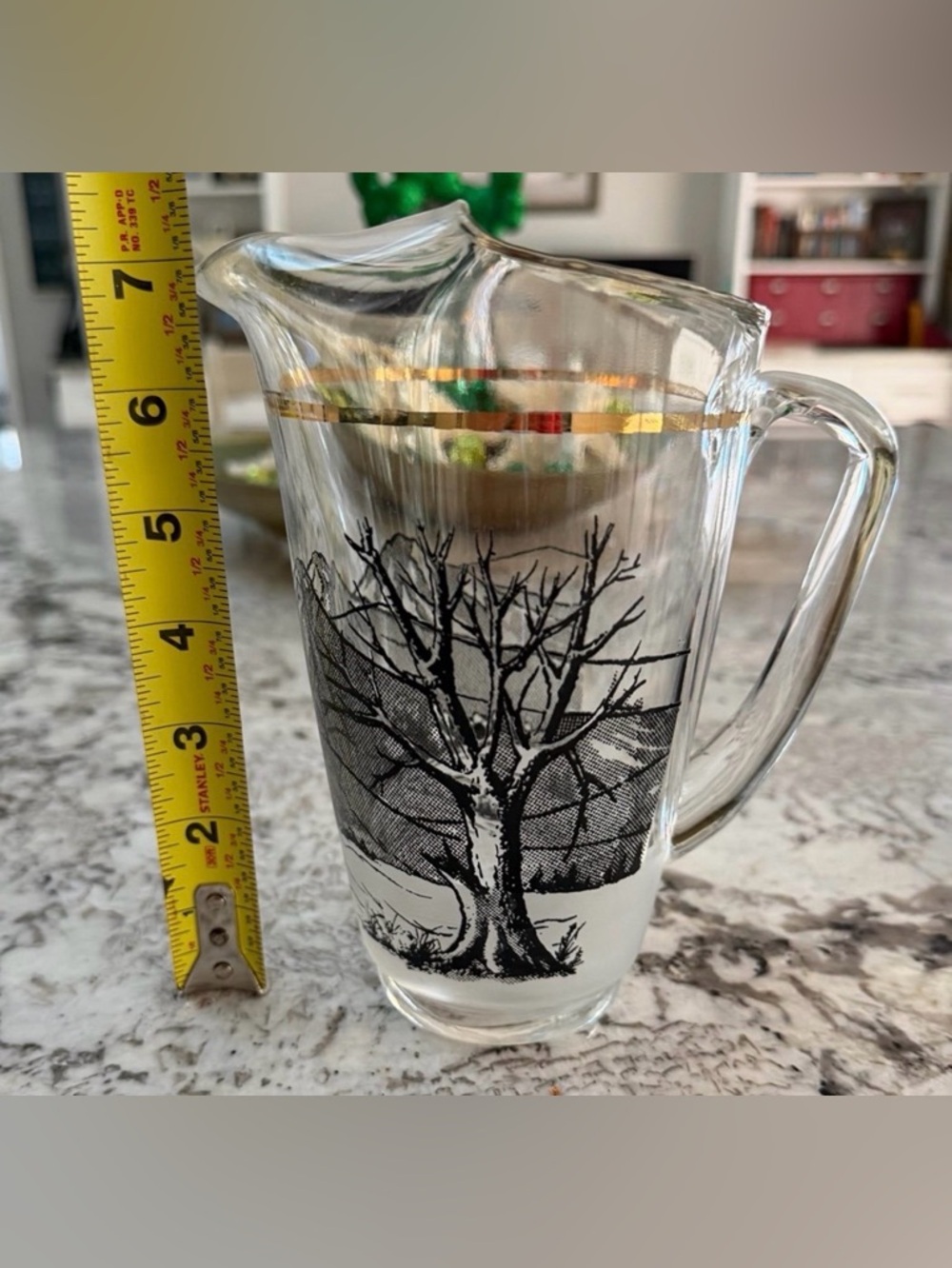 Vtg MCM Glass Pitcher Black Winter Tree Mountain Scene Gold Rim Ice Lip 7” - Picture 3 of 12